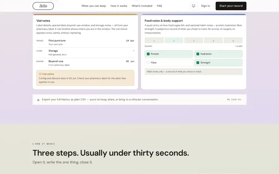 Helio interface on the live site — the record structure, food and body support, explained in three steps