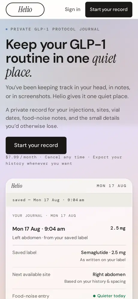 Helio on mobile — Keep your GLP-1 routine in one quiet place