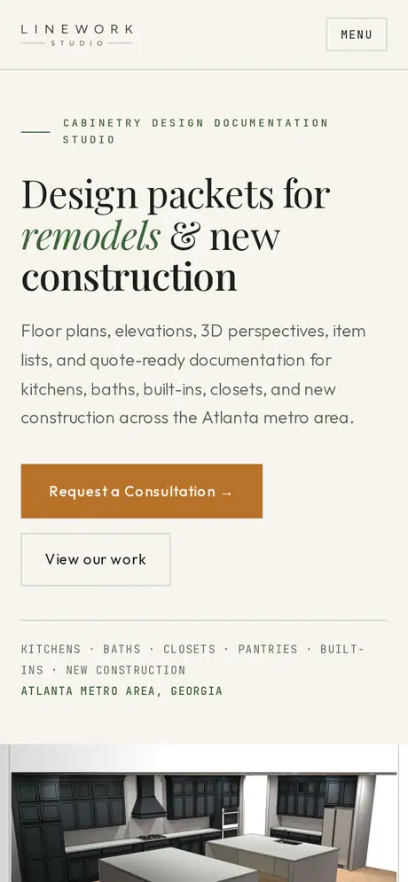 Linework Studio homepage on mobile — editorial typography carrying the studio's precision