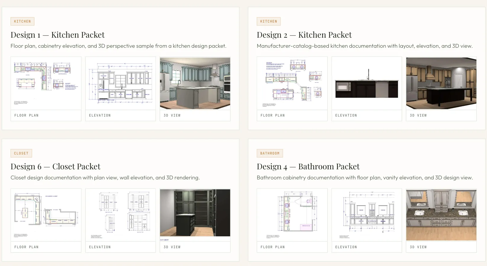 The design-packet catalogue on the live Linework Studio site — four packets for kitchens, a closet and a bathroom, each presented as a floor plan, a cabinetry elevation and a 3D view.