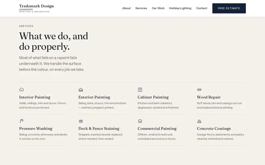 Trademark Design services page on the live website — the full range of painting services, organized and plainly explained