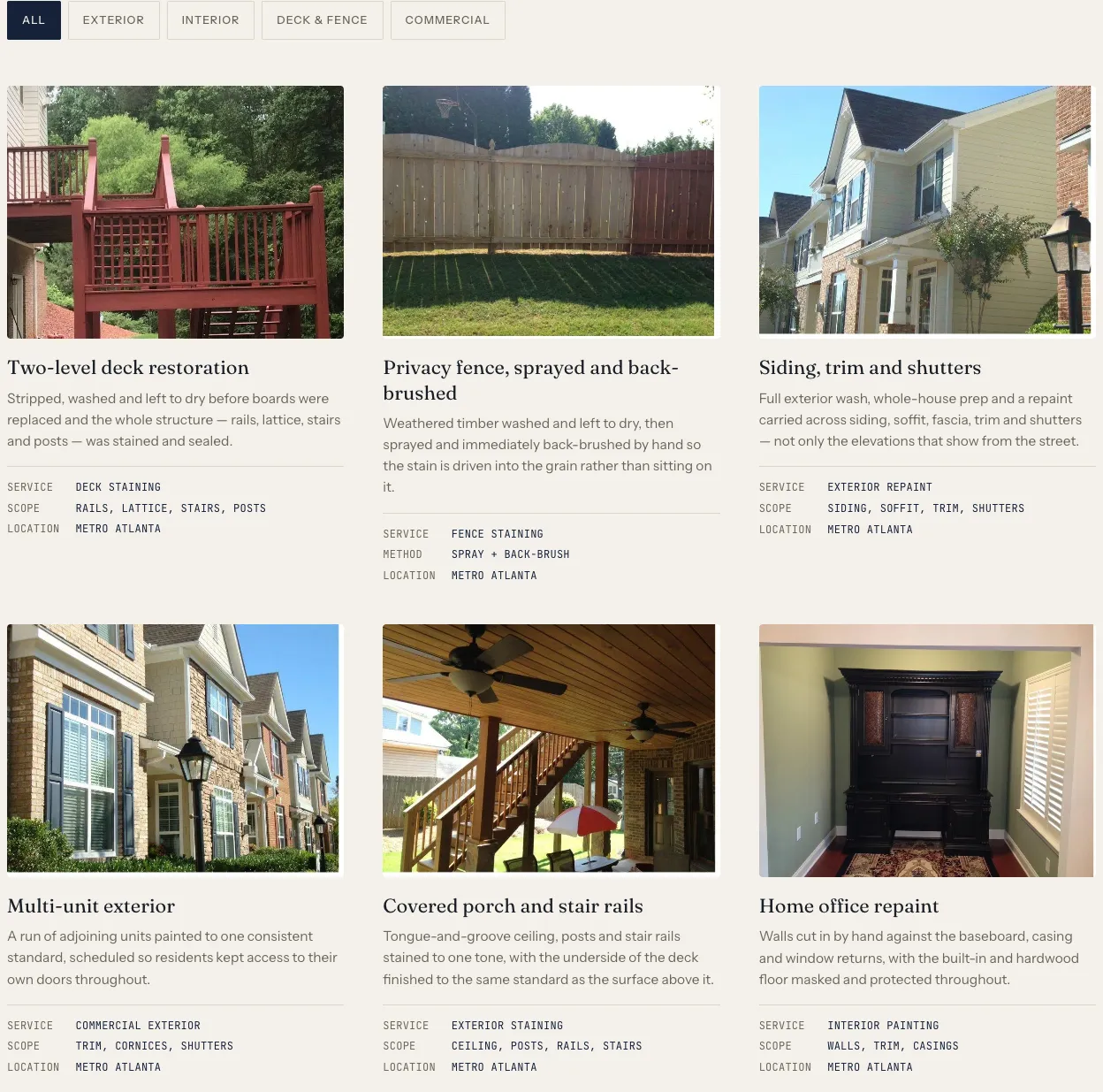 The project grid on the live Trademark Design site — six completed jobs, each with a photograph of the finished work and its service, scope and location.
