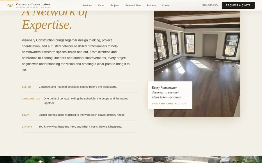 Visionary Construction on the live website — project imagery and the design-build process, presented room by room