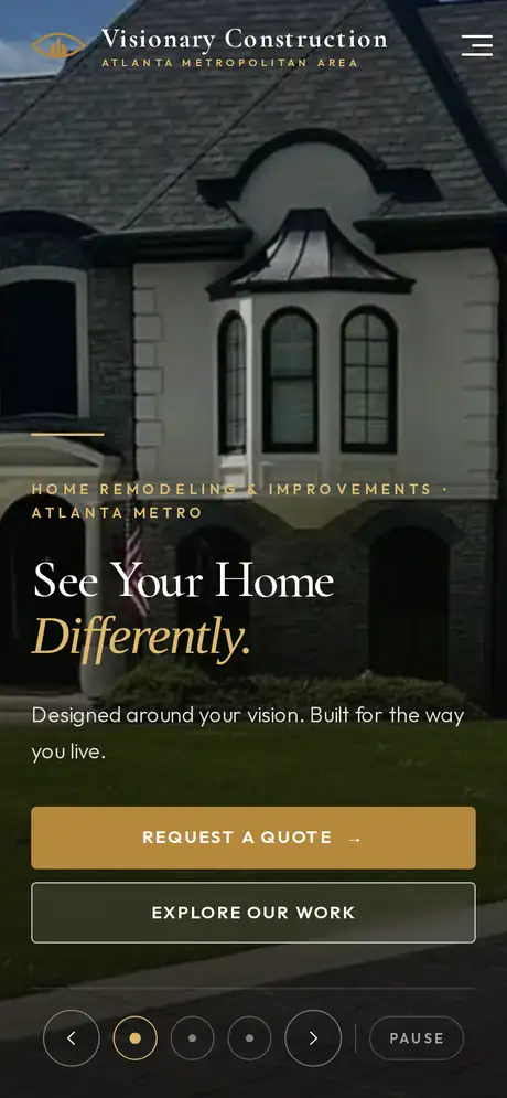 Visionary Construction homepage on mobile — See Your Home Differently